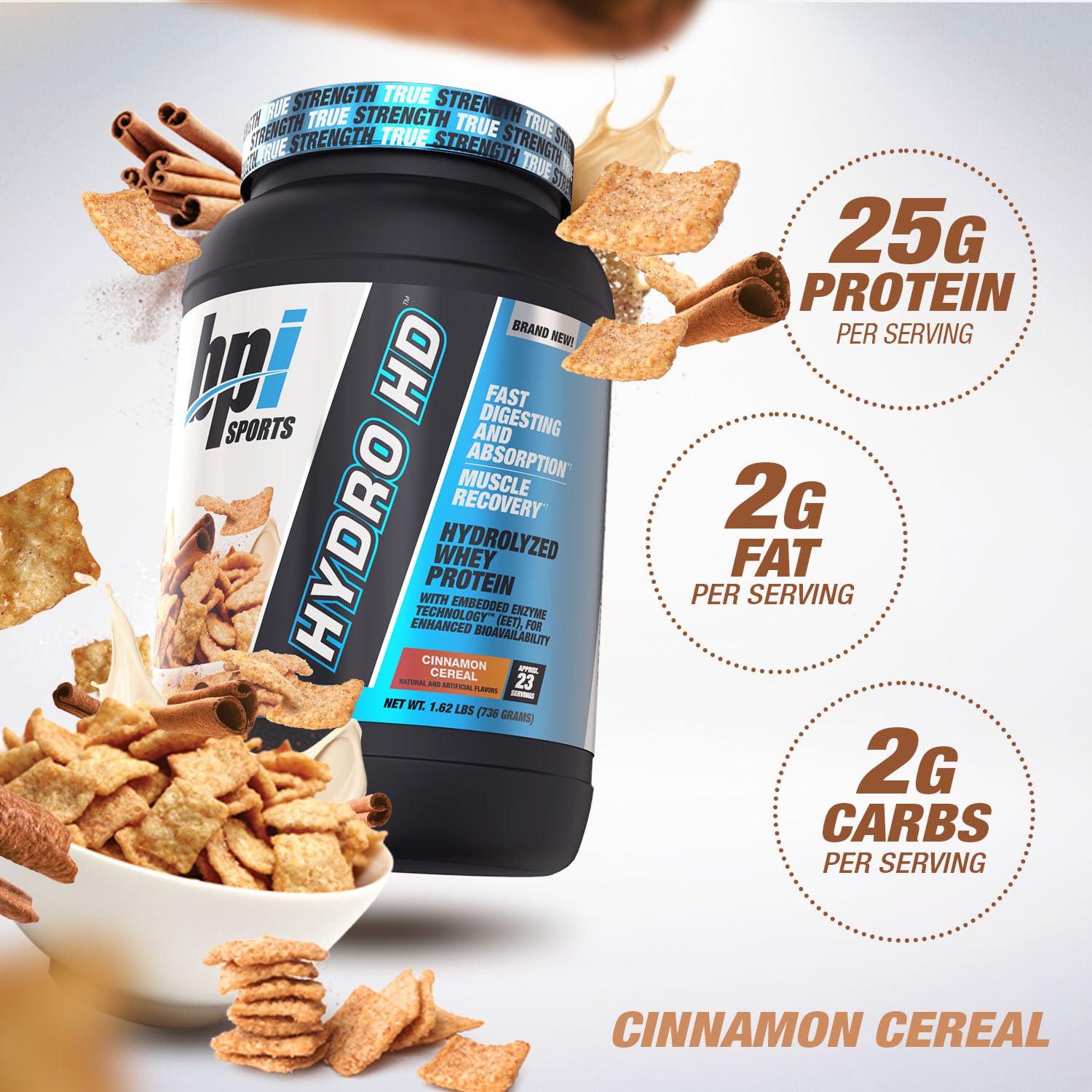 BPI Sports BPI Sports Hydro HD - 100% Hydrolyzed Whey Protein Powder - Muscle Growth, Recovery, 25g of Protein, Low Carb, Low Sugar, Fast Absorbing (68 Servings, Cinnamon Cereal)