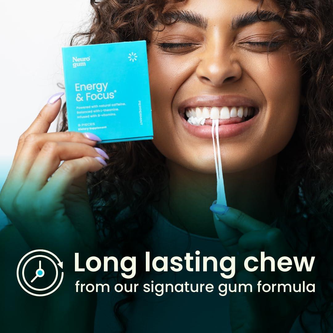 NeuroGum NeuroGum Energy Caffeine Gum (54 Pieces) - Sugar Free with L-theanine + Caffeine + Vitamin B12 & B6 - Nootropic Energy & Focus Supplement for Women & Men - Peppermint Flavor (Packaging May Vary)