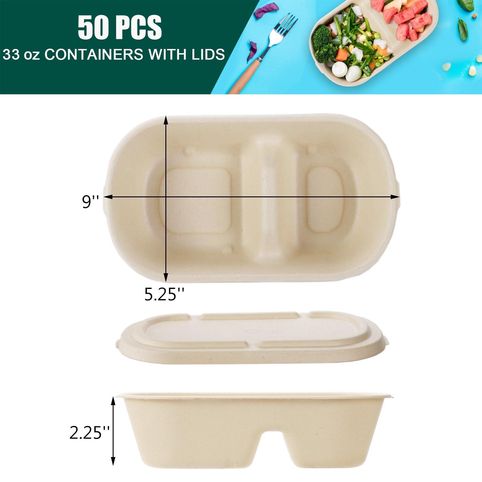 Yesland Yesland 50 Pcs Compostable Take Out Food Containers with Lid, 33 oz Bagasse to Go Container 2 Compartment Rectangular Disposable Paper Bowl, Meal Prep Food Container for Salad Leftovers