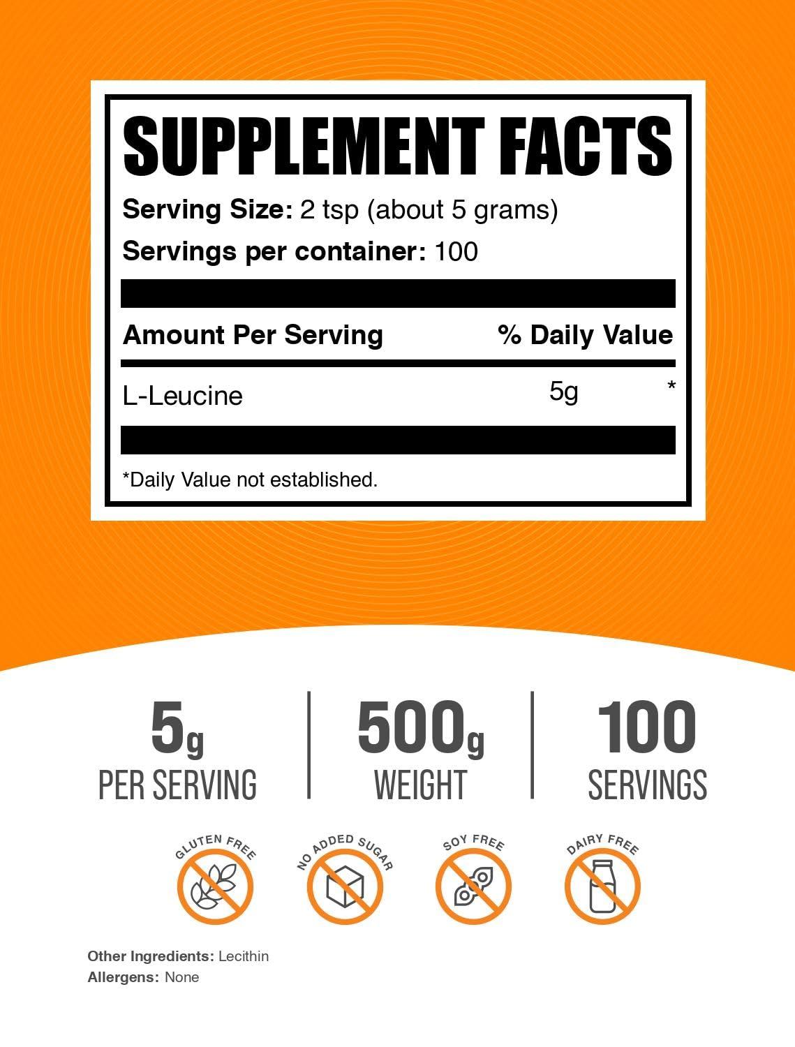 BulkSupplements BulkSupplements.com L-Leucine Powder - Leucine Supplements, Leucine Amino Acid - BCAA Supplements, Leucine Powder - Unflavored, 5000mg per Serving, 500g (1.1 lbs) (Pack of 1)