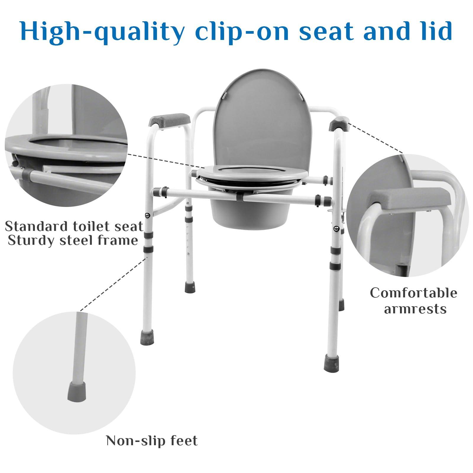 JumboTIGER 3-in-1 Steel Adjustable Bedside Commode,Portable Toilet for Adults 8 Quart,300 lb Weight Capacity Portable Potty,Toilet Seat with Safety Frame, Easy Cleaning, Tool-Free Assembly, Padded Arms,Gray