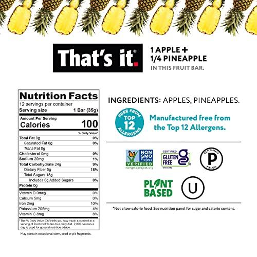 That\'s it. That\'s it. Apple + Pineapple 100% Natural Real Fruit Bar, Best High Fiber Vegan, Gluten Free Healthy Snack, Paleo for Children & Adults, Non GMO No Added Sugar, No Preservatives Energy Food (12 Pack)