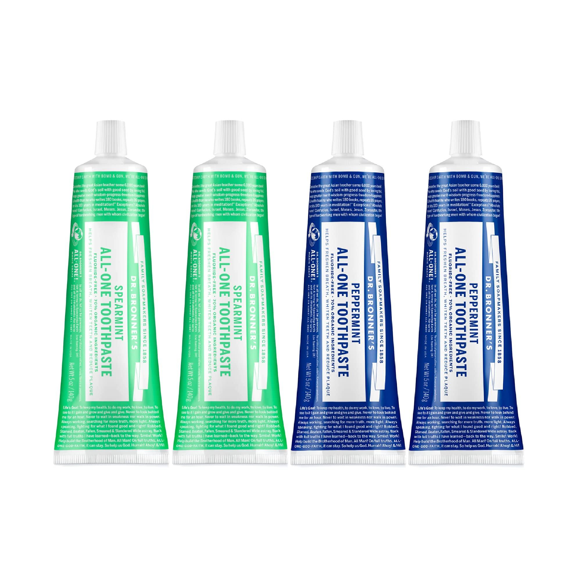 Dr. Bronner\'s Dr. Bronners - All-One Toothpaste Variety Pack - Peppermint & Spearmint, 70% Organic Ingredients, Fluoride-Free, Helps Freshen Breath, Vegan (5oz, 4-Pack)