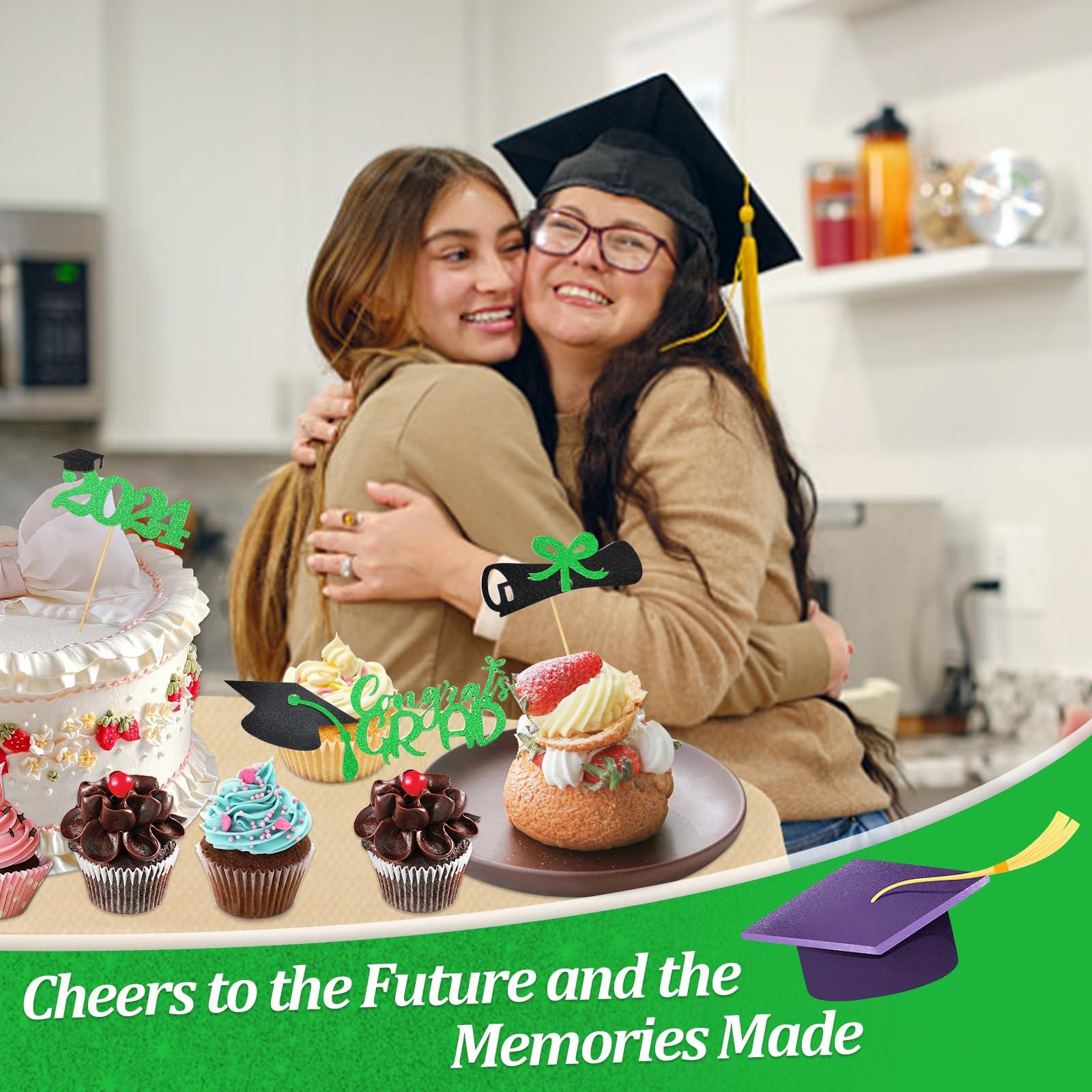 heqxwl 24Pcs Graduation Cupcake Toppers of 2024, Glitter Class of 2024 Diploma Grad Cap Cake Picks for Graduation Theme Party Decorations (Green)