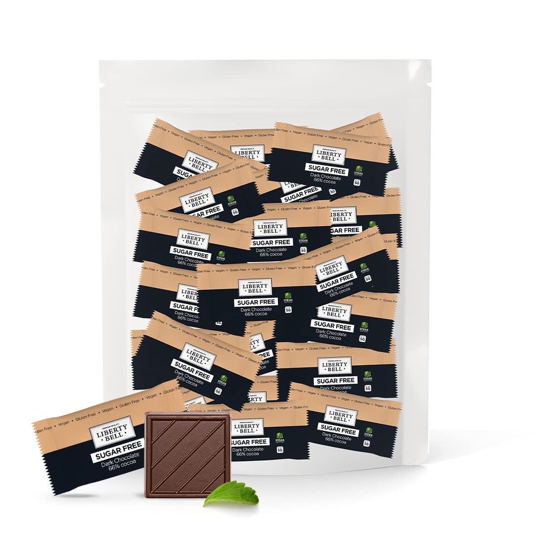 LIBERTY BELL Zero Sugar Dark Chocolate Squares 66% Cocoa, Vegan, Gluten-Free, Stevia Sweetened Candy Bars, 45 Count