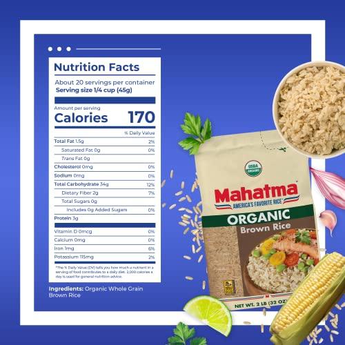 Mahatma Mahatma Organic Brown Rice, 2-Pound Bag of Rice, Microwave Rice in 20 Minutes or Cook on Stovetop in 1 Hour