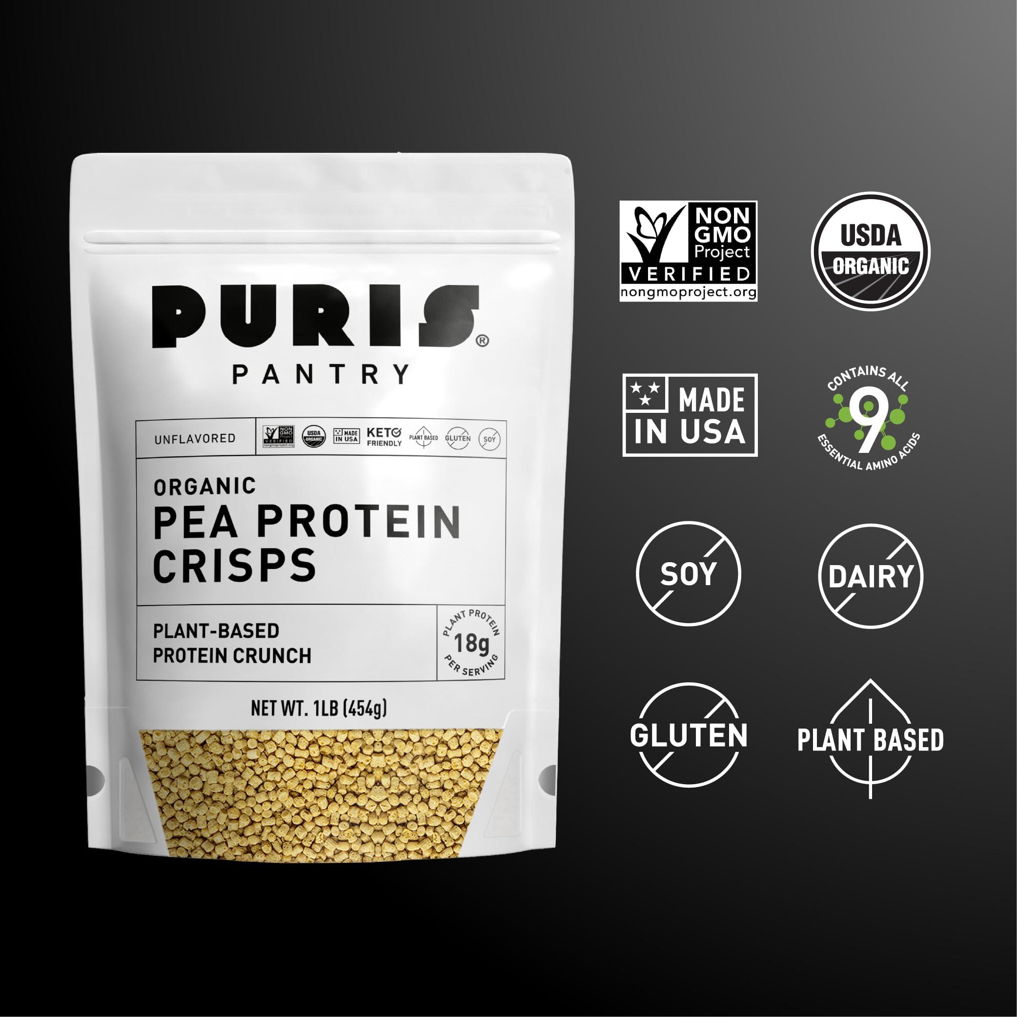 PURIS PURIS Organic Pea Protein Crisps, 1LB, Certified Organic Pea Protein Isolate, Keto Protein Crunch, Made 100% in The USA, Non-GMO, Gluten Free, No Sugar, No Soy, 18g Protein, 7g Carbs, Unflavored