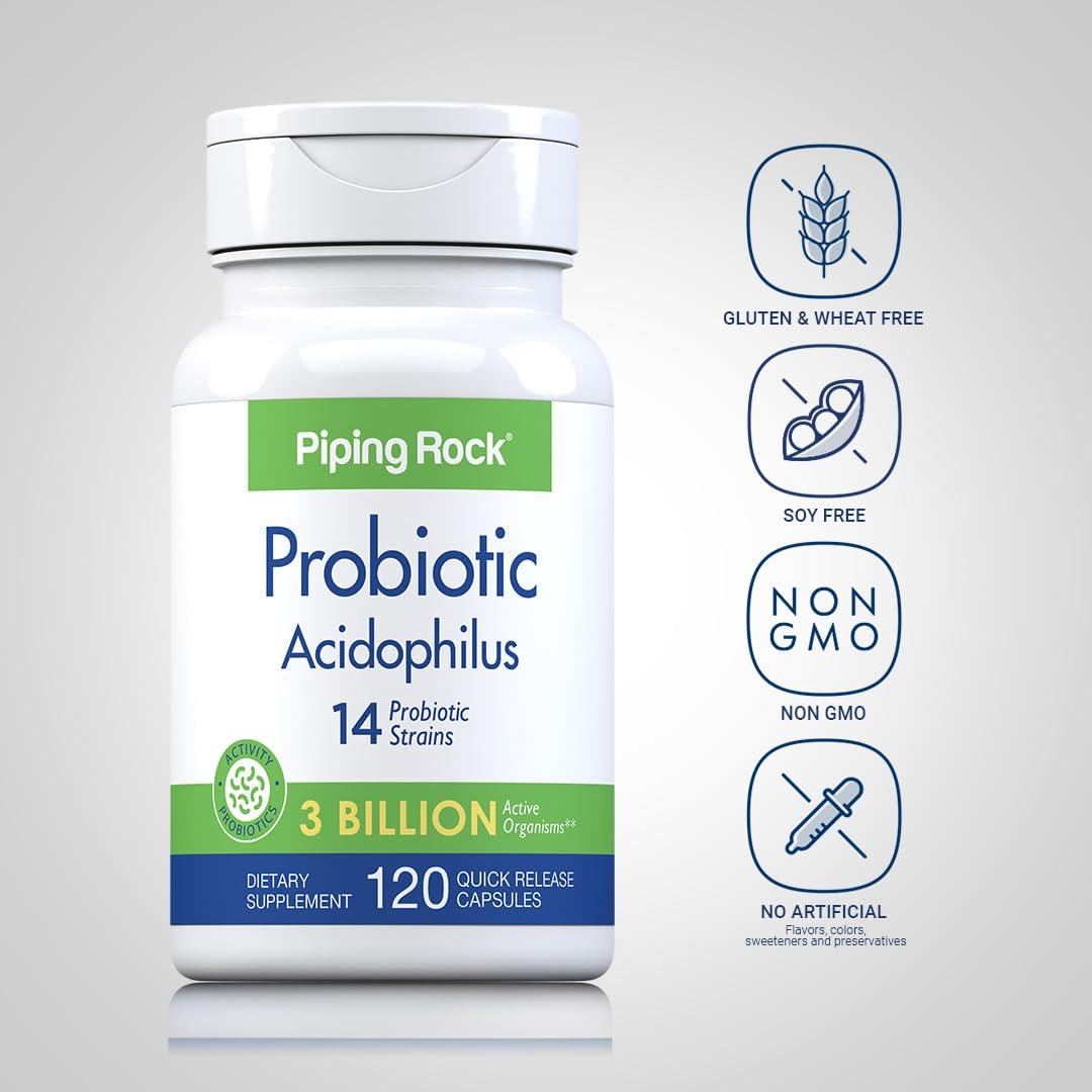 Piping Rock Piping Rock Probiotic Acidophilus Capsules for Women and Men | 3 Billion Live Cultures | 120 Pills | 14 Strains Supplement | Non-GMO, Gluten Free