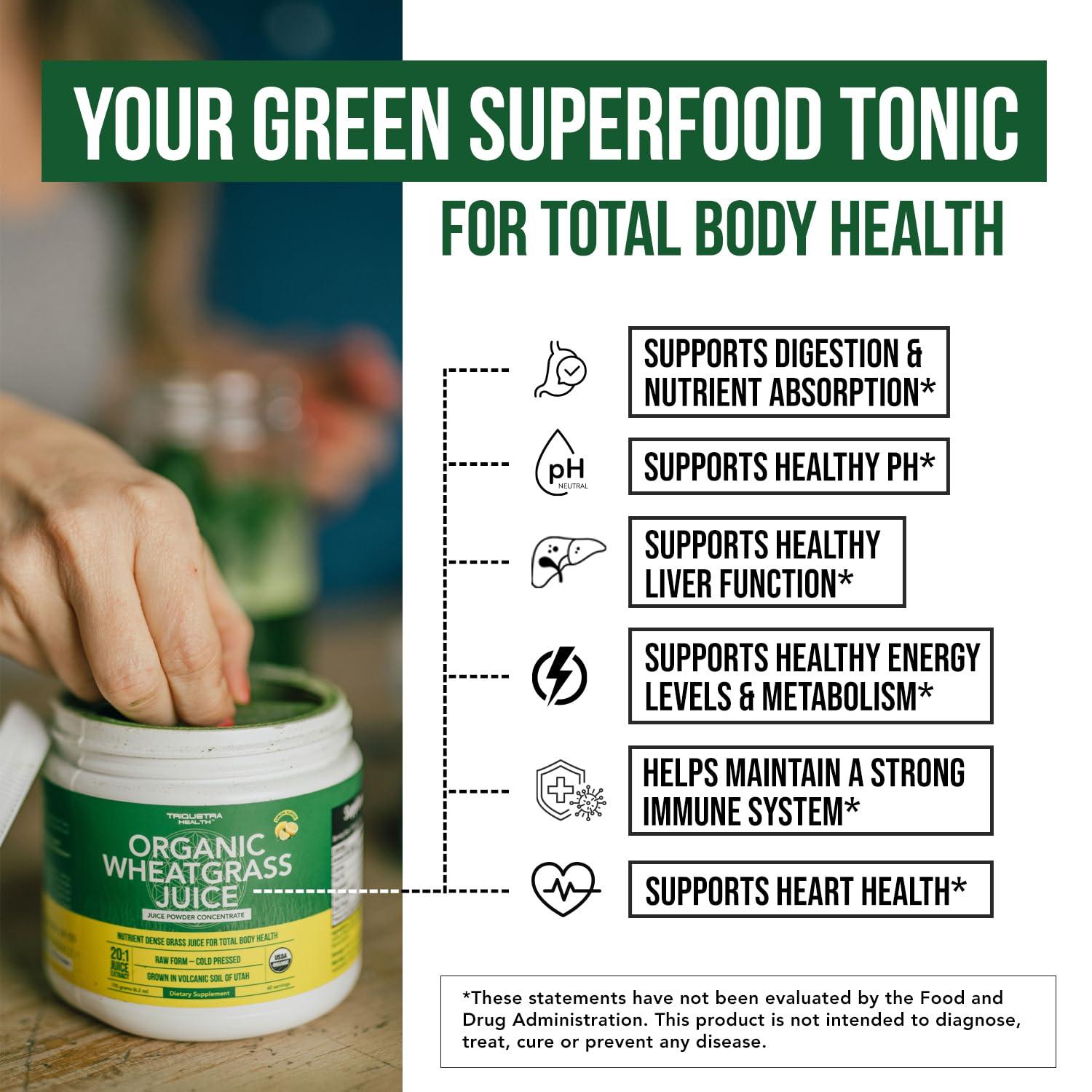 Triquetra Health Organic Wheatgrass Juice Powder - Organically Grown in Volcanic Soil of Utah - Raw & BioActive Form, Cold-Pressed Then CO2 Dried, 20:1 Super Concentrate - Lemon (6.2 oz - 60 Servings)