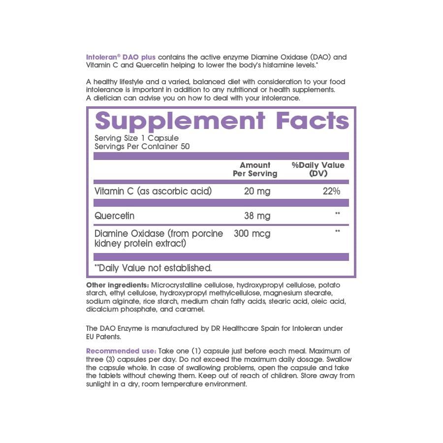 Intoleran Intoleran DAO Plus Digestive Enzymes - 50 Capsules | Supplement for Histamine Intolerance & DAO Deficiency | Healthy Histamine Levels | 30,000 HDU Diamine Oxidase (DAO) Enzyme | Vitamin C & Quercetin