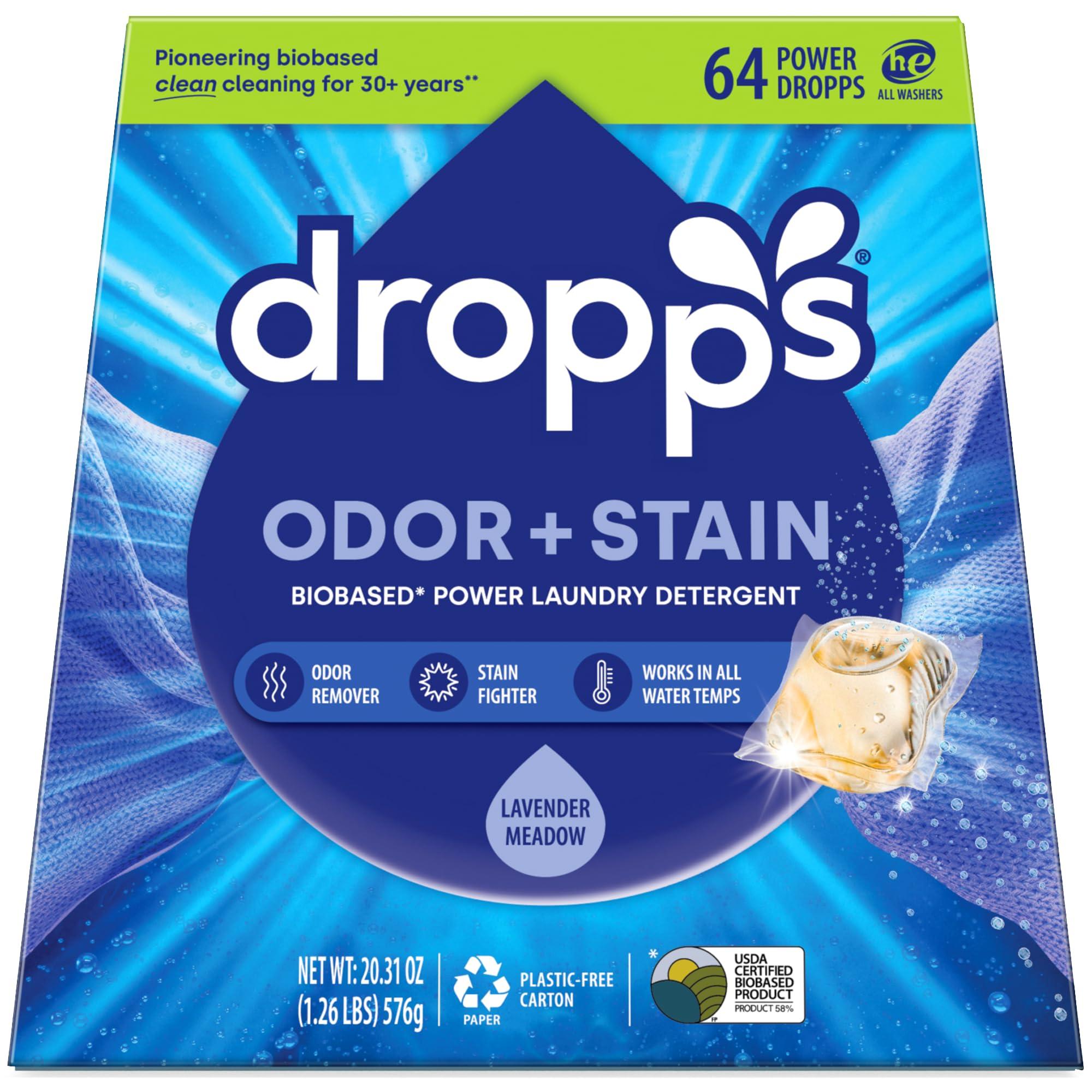 dropps Dropps Odor & Stain Biobased Power Laundry Detergent Pods, Lavender Meadow (64 Pods) - HE Compatible Laundry Pods for Fresh Clothes - Washing Detergent Soap Supplies & Recyclable Paperboard Packaging