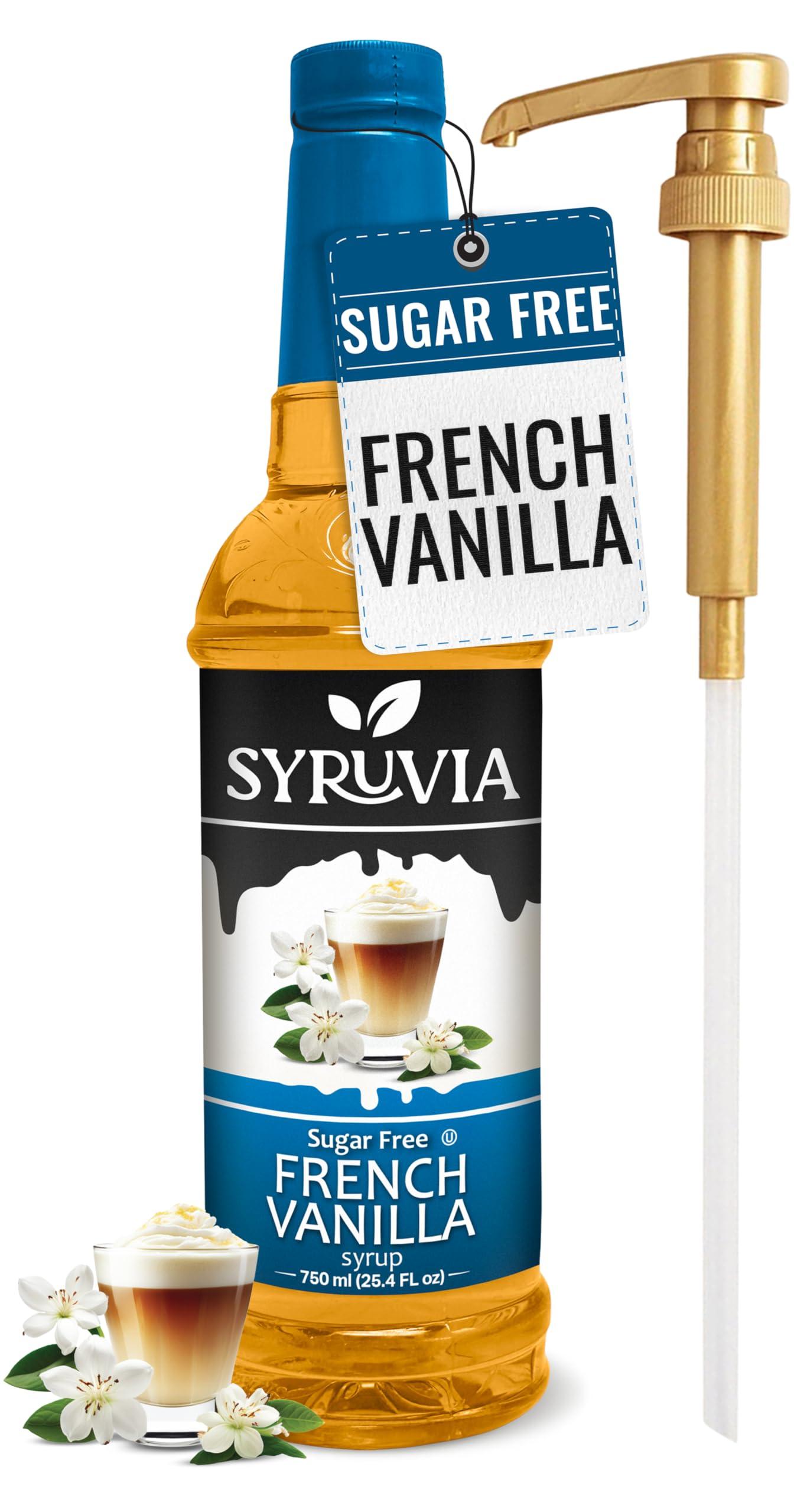 SYRUVIA Syruvia Sugar Free French Vanilla Syrup With Syrup Pump Dispenser French Vanilla Coffee Syrup Flavor, 25.4 fl oz, Kosher, Gluten Free, Perfect for Coffee, Drinks, Soda, Desserts, and More