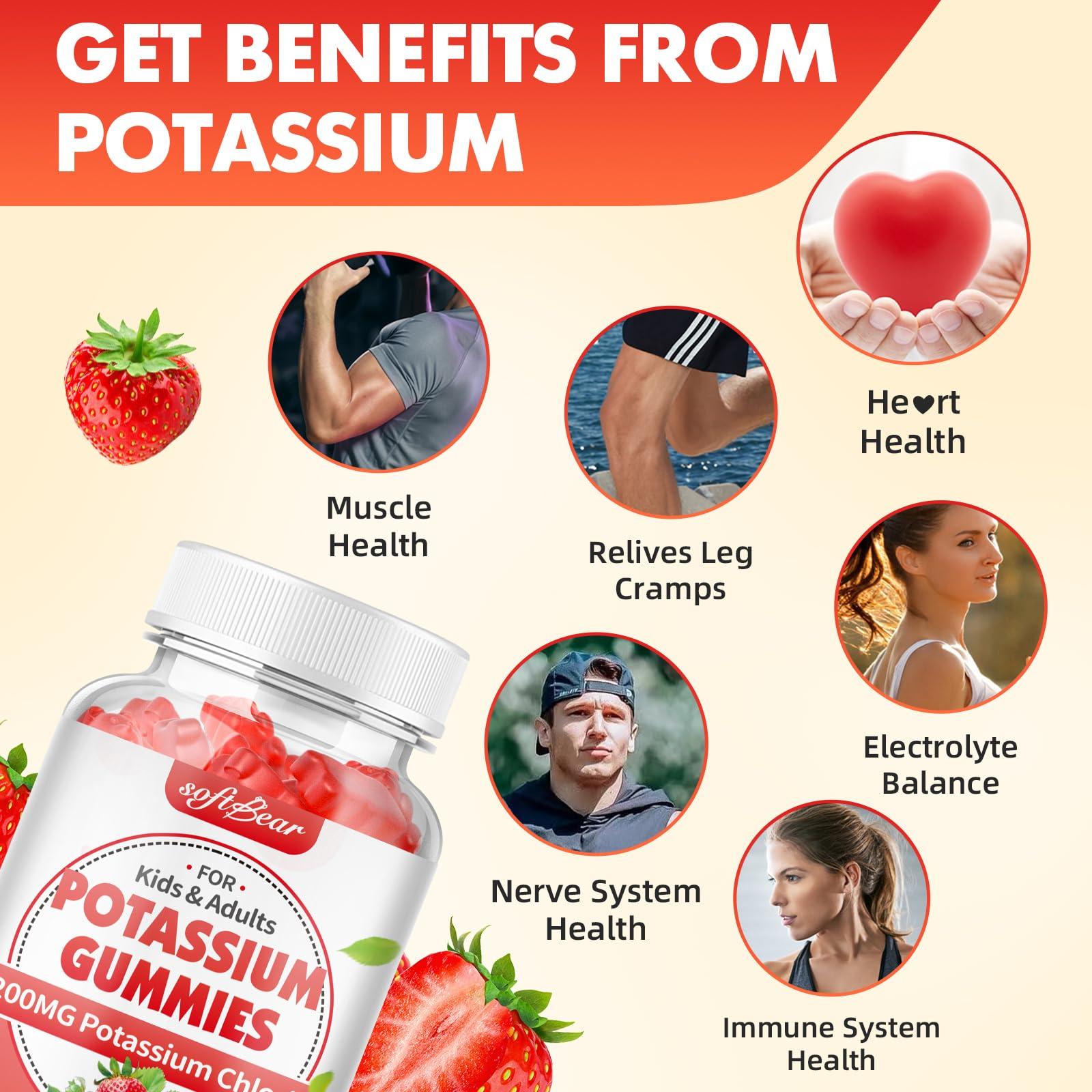 softbear softbear Potassium Gummies for Adults, Sugar Free Potassium Chloride Gummies 1200mg Support Leg Cramps & Electrolyte Balance High Potency Potassium Supplement Gummies Strawberry Flavor 60 Count