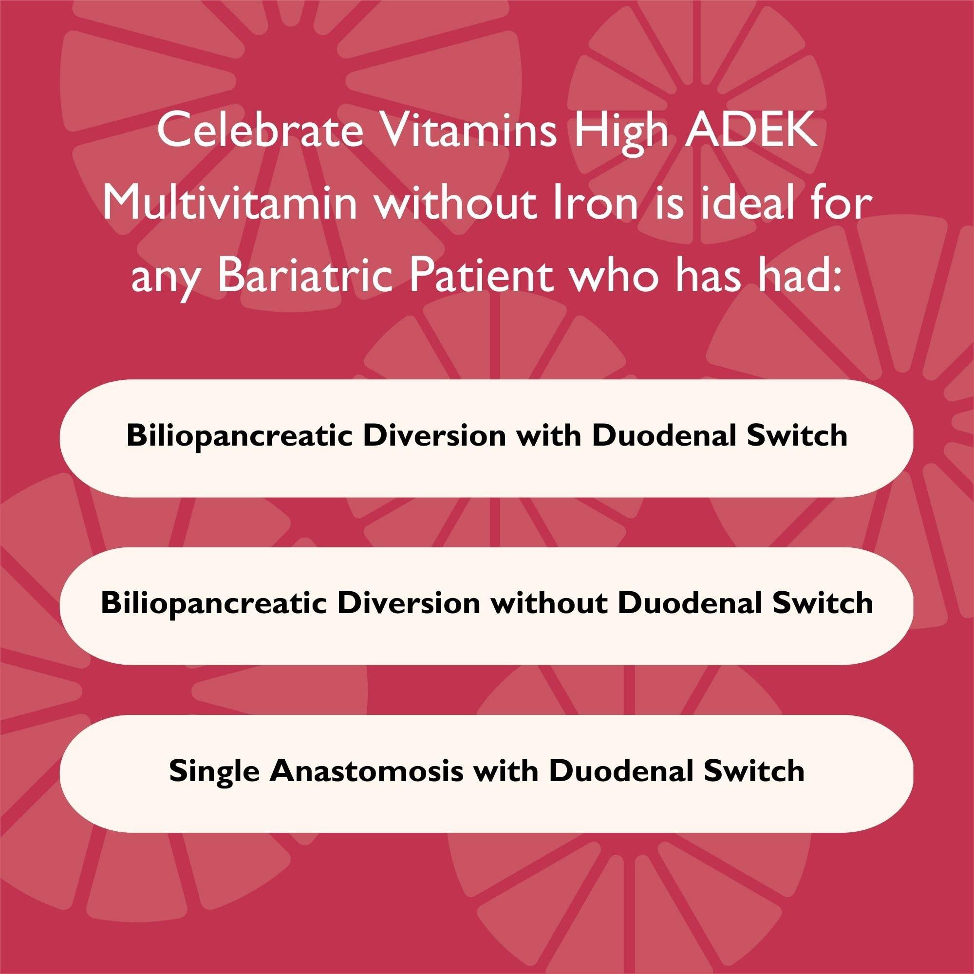 Celebrate Bariatric Supplements Celebrate Vitamins Multi ADEK Chewables, Iron Free - Daily Bariatric Multivitamin, High Level of Vitamins A, D, E, K & B12 for Duodenal Switch Surgery Patients - Berry Sorbert (60 Tablets)