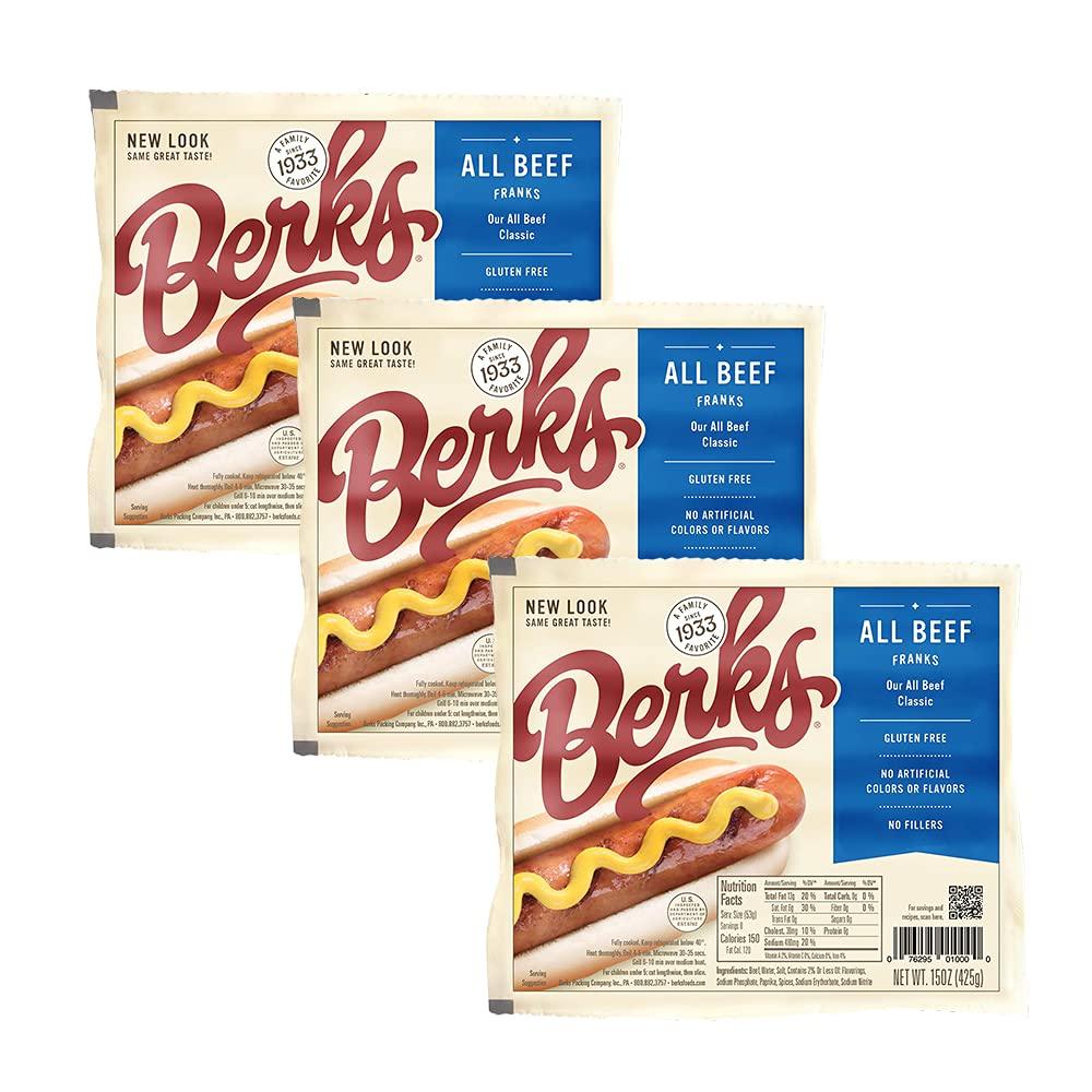 Berks Berks All Beef Hot Dogs, 8 per Pack (Pack of 3), Gluten-free