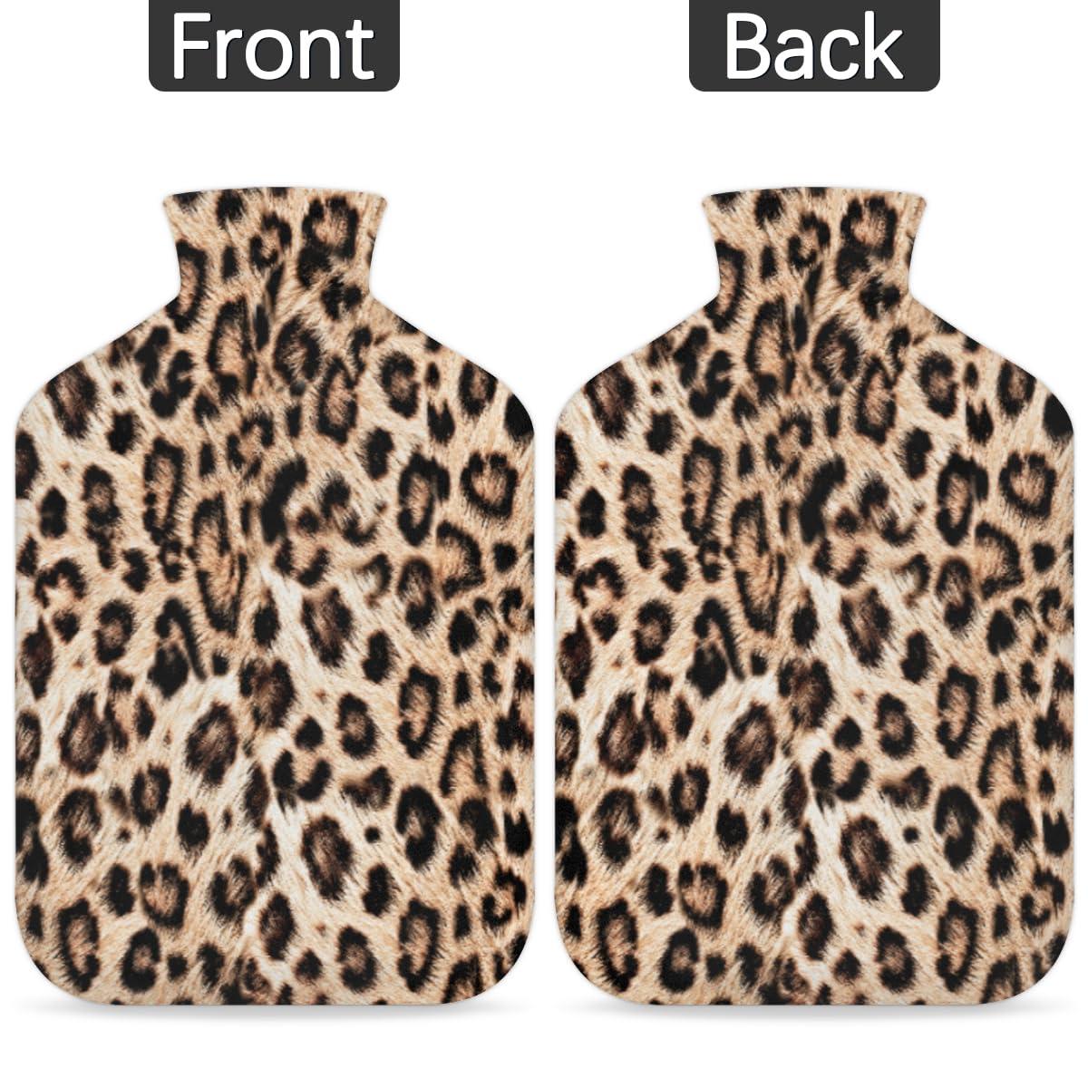 POFATO Leopard Print Fur Pattern Hot Water Bottle with Cover for Pain Relief Cramps, 2L Rubber Warm Hot Water Bags for Bed Hand Feet Belly Warmer, Hot or Cold Compress Water Bottle