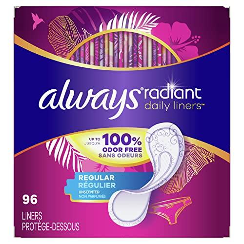 Always Always Radiant Liners, Unscented, 96 Count,Pack of 4 (Total 384 Count) (Packaging May Vary)
