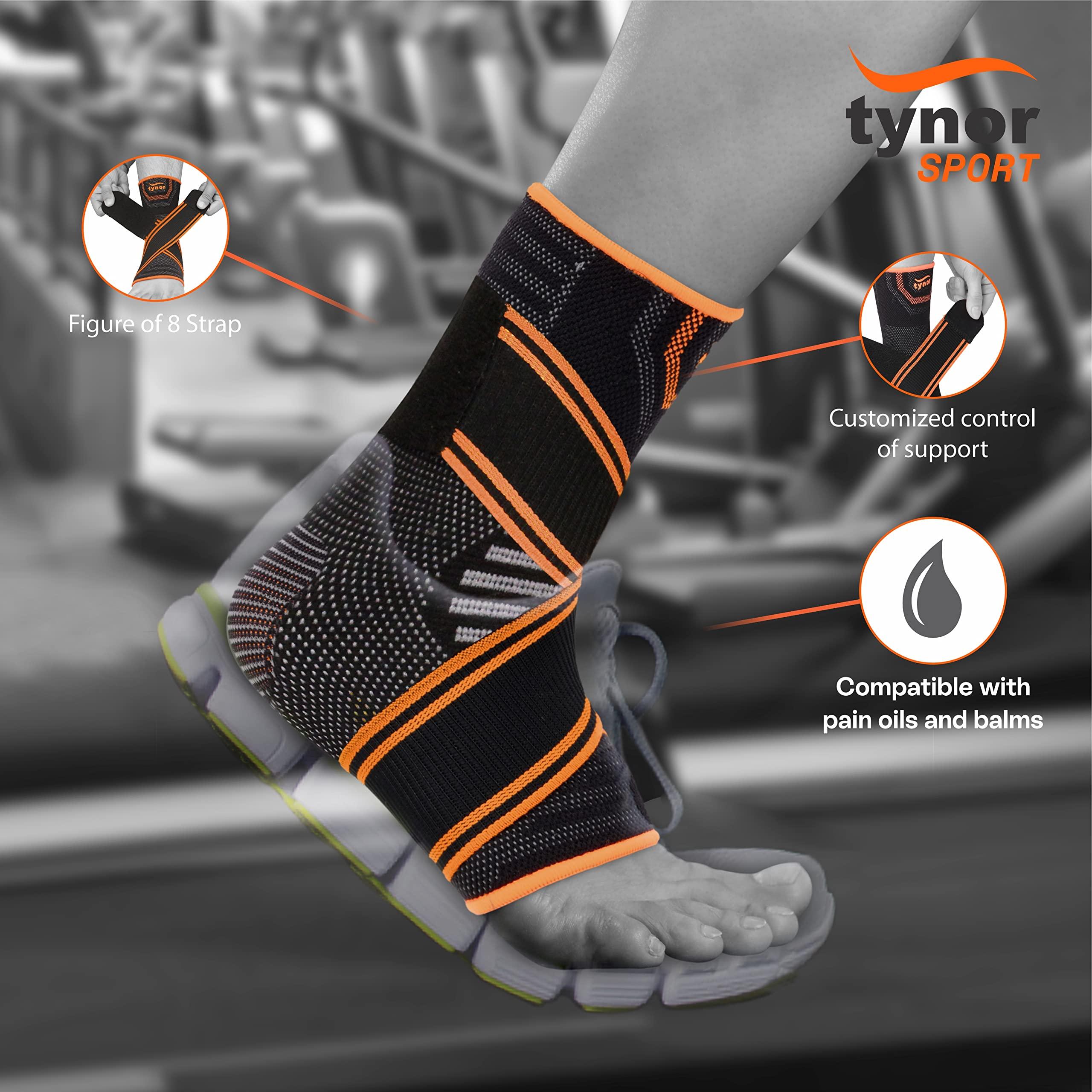 TYNOR TYNOR Ankle Binder Air Pro for Women & Men, Ankle Sprain Compression Sleeve, Foot Brace with Ankle Support Brace Strap, Heel Protector Wrap for Pain - Black & Orange, Medium, 1 Unit