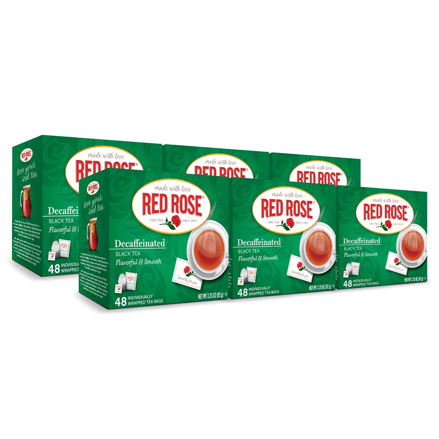 RED ROSE FINE TEAS SINCE 1890 Red Rose Naturally Decaffeinated Black Tea Specially Blended Strong Black Tea with 48 Individually Wrapped Tea Bags Per Box (Pack of 6) Brew Hot/Cold Decaf Black Tea Full-bodied Flavorful Black Tea