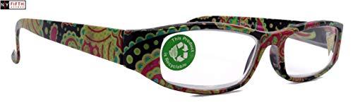 NY FIFTH AVENUE Florence, Premium Reading Glasses, High End Readers +1.25 to +3.00 Magnifying. Paisley Green, Optical, Rectangular Style. NY Fifth Avenue