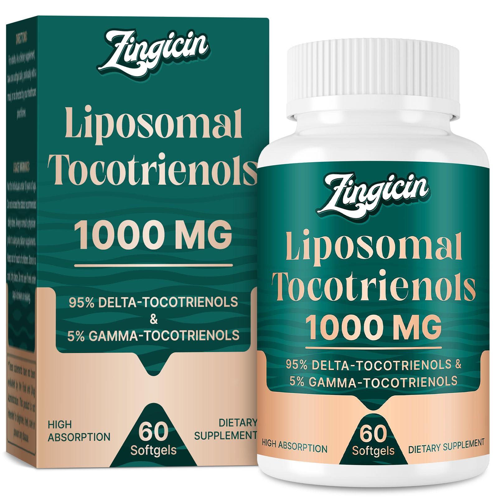 Zingicin Zingicin Vitamin E Tocotrienols - Liposomal Vitamin E Oil 1000mg, Highly Absorbable Delta Tocotrienol and Gamma Tocotrienol for Cardiovascular, Bone Health, and Antioxidant Support, 60 Softgels