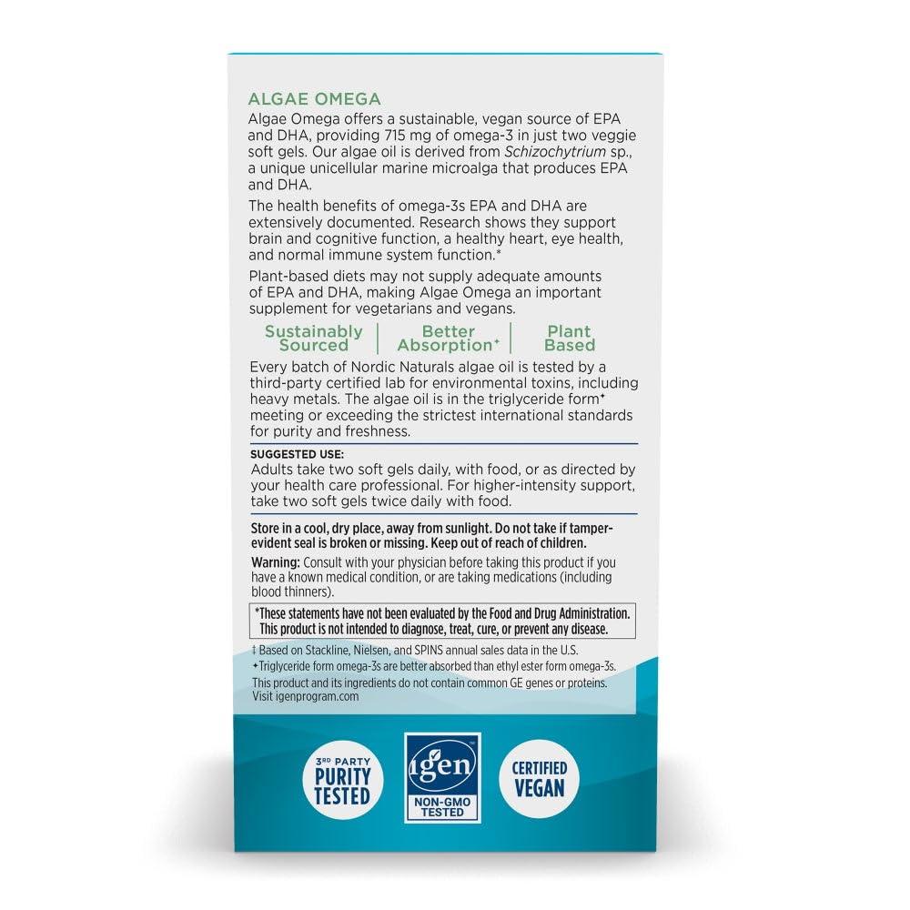 Nordic Naturals Nordic Naturals Algae Omega - 120 Soft Gels - 715 mg Omega-3 - Certified Vegan Algae Oil - Plant-Based EPA & DHA - Heart, Eye, Immune & Brain Health - Non-GMO - 60 Servings