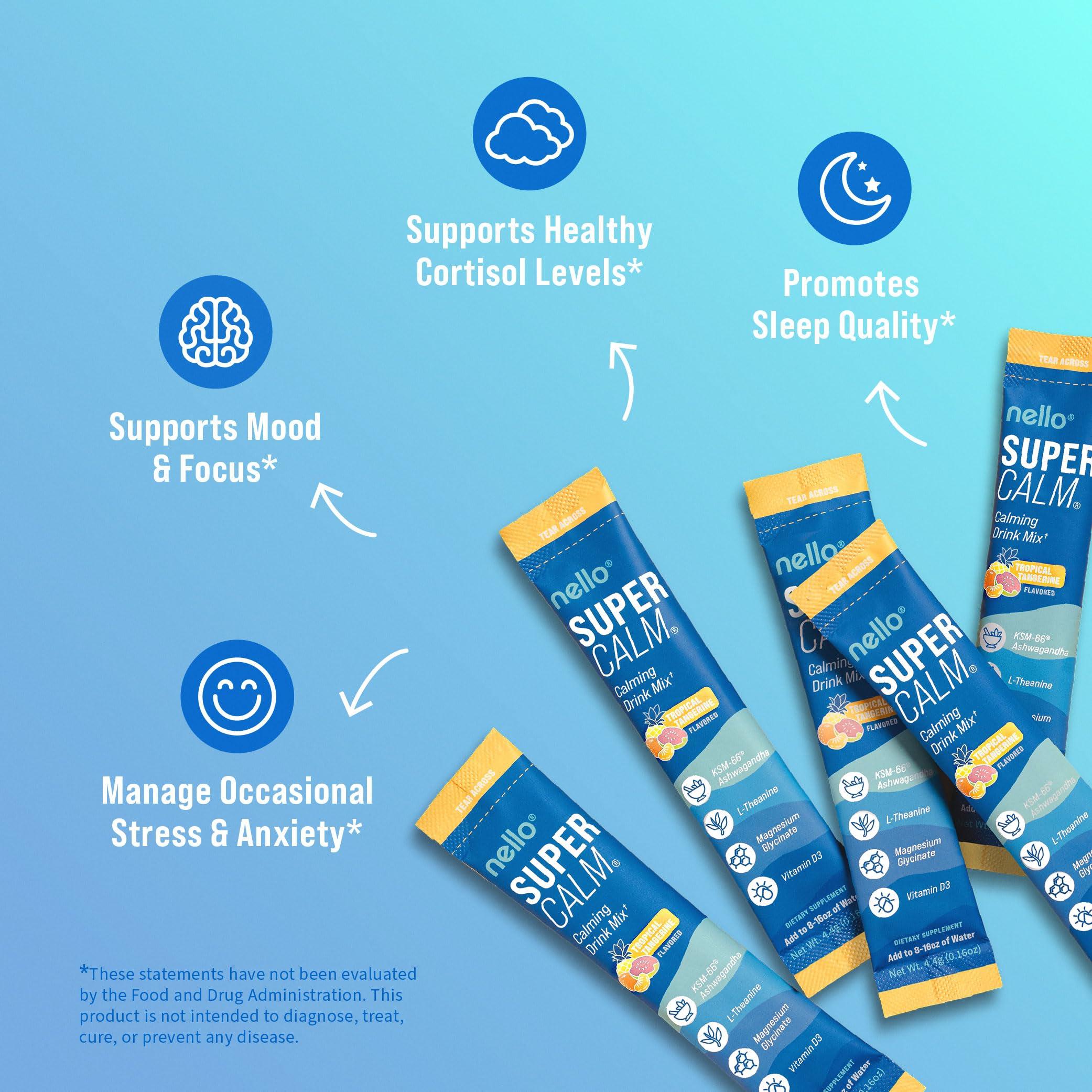 Nello Nello Supercalm Powdered Drink Mix, Tropical Tangerine, L Theanine, Ksm-66 Ashwagandha, Magnesium Glycinate, Vitamin D 3, Supplements for Relaxation & Focus, Natural, No Sugar, Non GMO, 20 Srvg