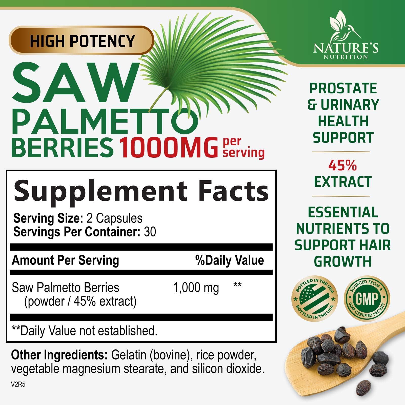 Nature's Nutrition Saw Palmetto for Men Prostate Health Supplement - 1000MG Saw Palmetto Extract Prostate Support Supplement, Prostate Supplements for Men\'s Health Support, Prostate Urinary Health Support, 60 Capsules