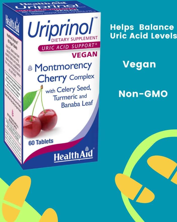 HealthAid HealthAid Uriprinol, Uric Acid Cleanse, 60ct, Twice Daily, Montmorency Cherry Complex with Celery Seed, Turmeric and Banaba Leaf, Vegan