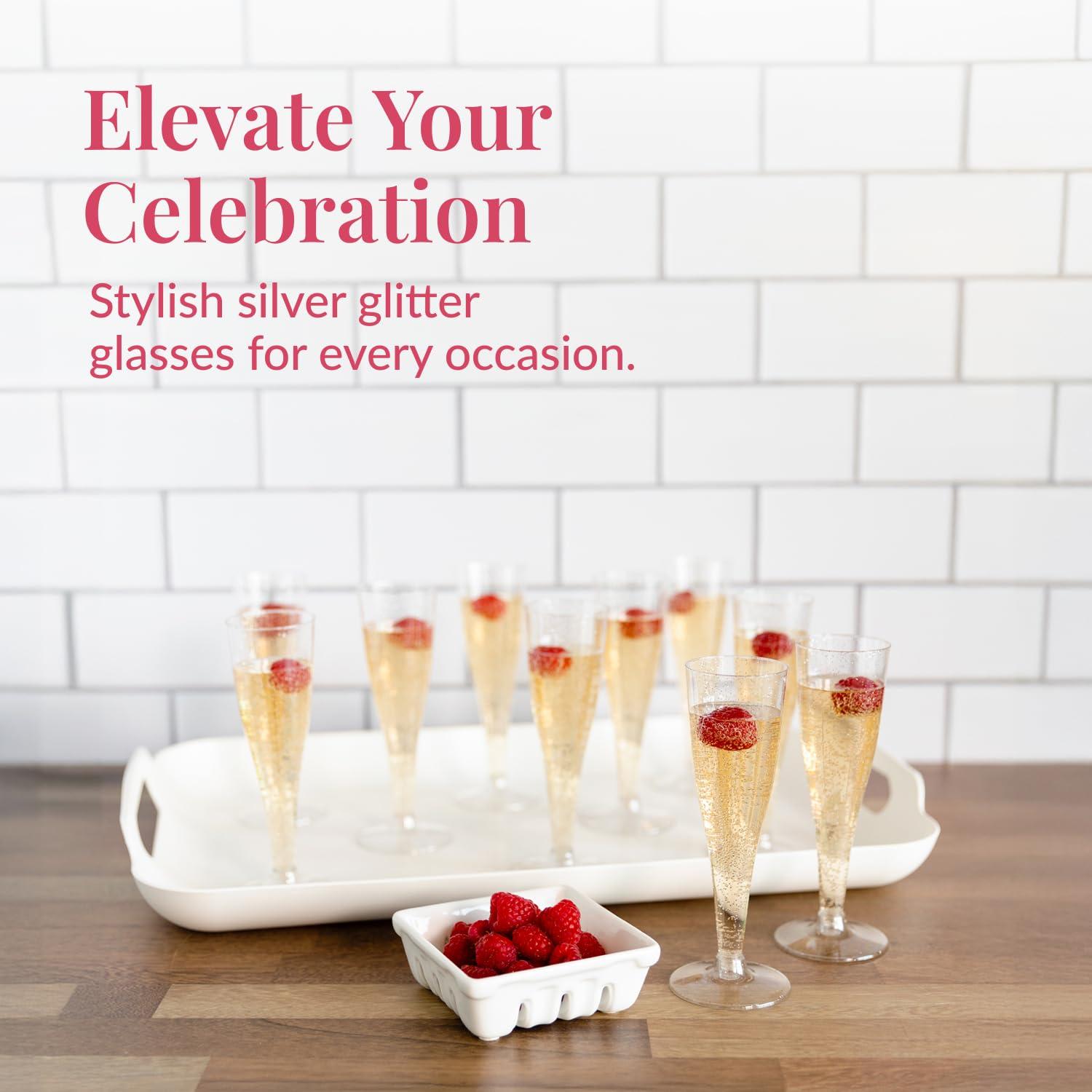 Prestee Prestee 24 Champagne Flutes Plastic | Disposable Champagne Flute | Silver Glitter Plastic Champagne Glasses for Parties | Mimosa Bar, Wedding, Shower Party, New Years Eve Party Supplies 2024 (Silver)