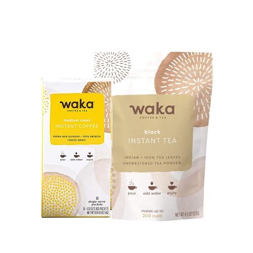 Waka Coffee Waka Instant Coffee and Tea Bundle Unsweetened Black Tea Powder and Single-Serve Medium Roast Box Bundle