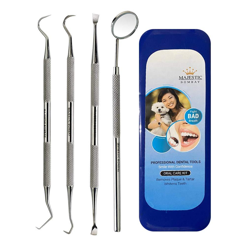 Majestic Bombay Dental Hygiene Tool Set - Stainless Steel Dental Tooth Pick, Mouth Mirror,Tarter Scraper and Plaque Remover - Dental Tool Kit is Ideal for Cleaning Use & Pet Friendly-Free Protective Case