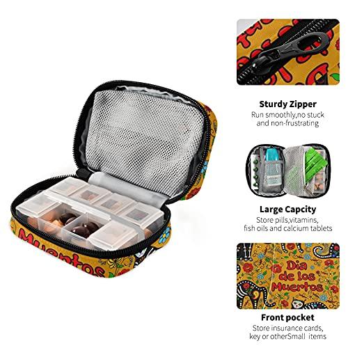 TropicalLife Travel Pill Case Bag Floral Day of The Dead Sugar Skull Cat Weekly Pill Box 8 Compartments 7 Day Individual Pill Case Purse Zippered Medicine Case Organizer
