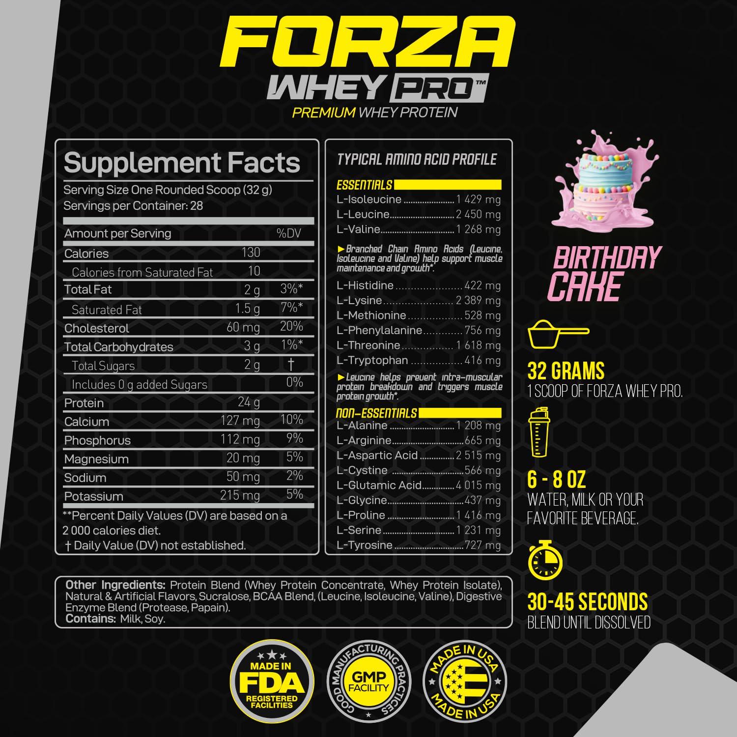Forzagen Forzagen Whey PRO Low Carb Protein Powder | 24g of Protein per Serving, No Added Sugar, Gluten Free, Premium Whey for Shakes & Mixes for Men & Women, BCAA | Birthday Cake, 2 lbs. (28 Servings)