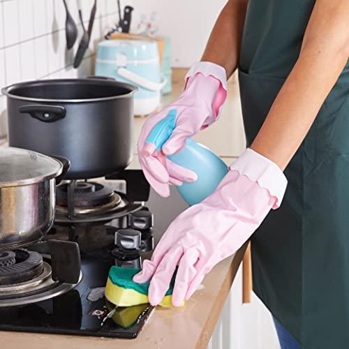 Forcom Reusable Household Cleaning Gloves, PVC Kitchen Gloves, Flocked Lining, Latex Free Dish Gloves, Non-Slip, 2 Pairs (Pink, Small)