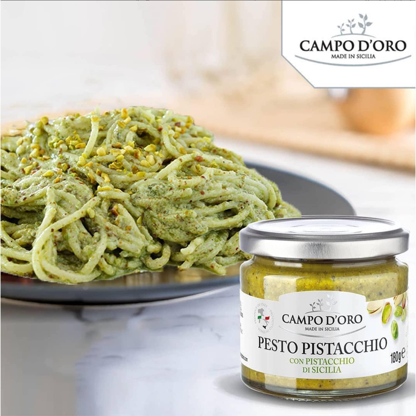 CAMPO D'ORO Pistachio Pesto, Paste, UnSweetened, Sicilian Pesto Sauce, Savory, Creamy, Spreadable, 6.35oz, Sicily, Italy. By Campo D\'Oro