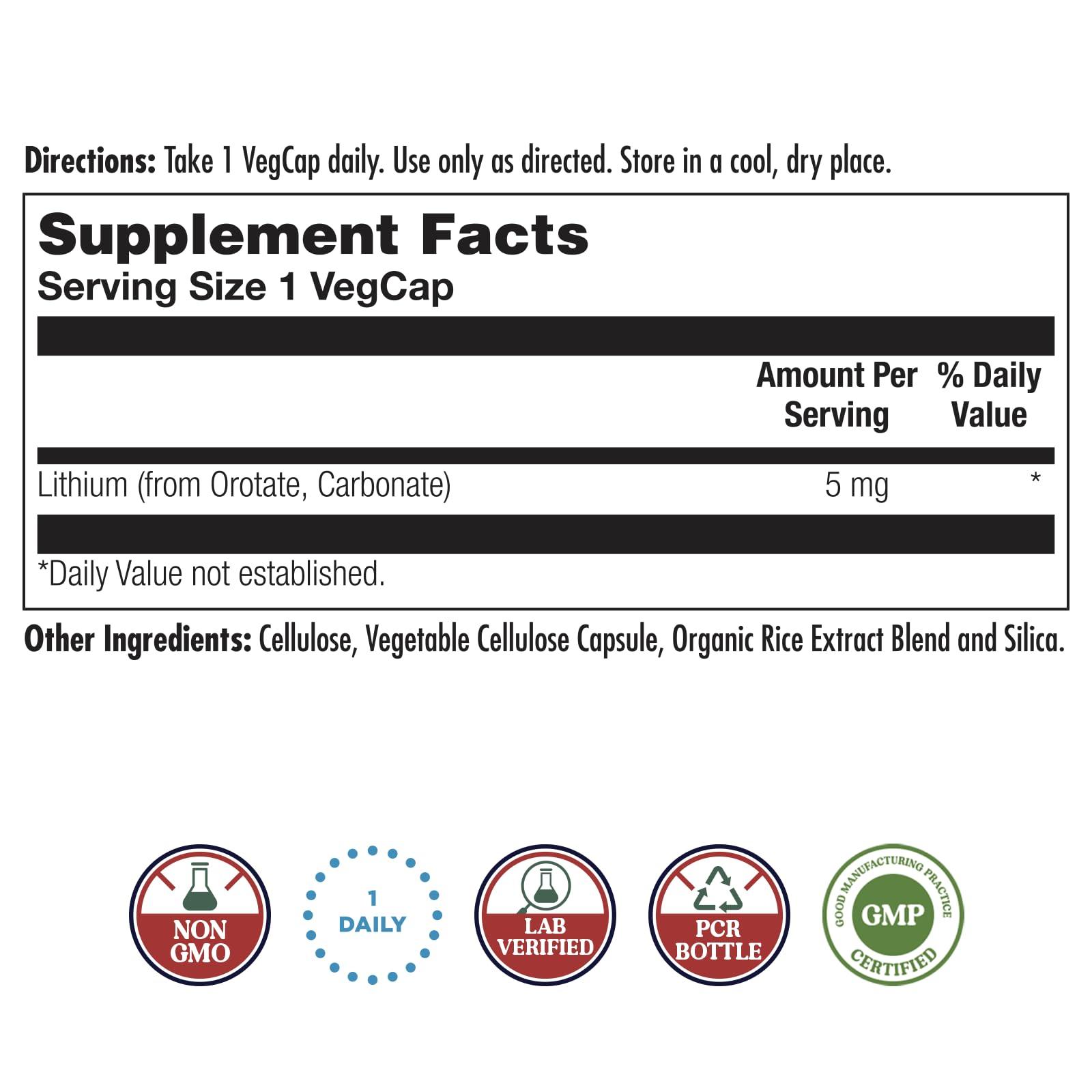 KAL KAL Lithium Orotate 5mg | Low Serving of Chelated Lithium Orotate for Bioavailability & Mood Support | in Organic Rice Bran Extract Base | 60 VegCaps