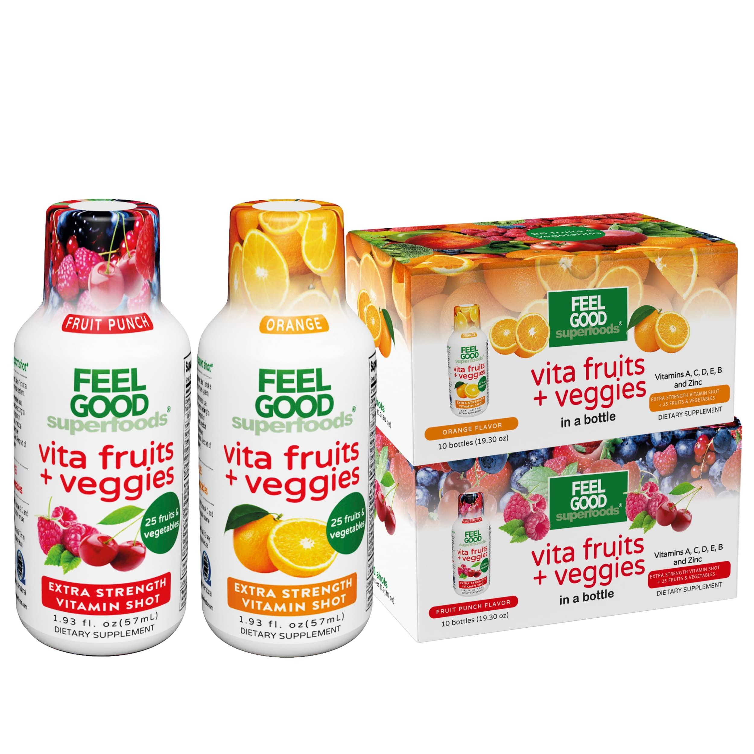 FeelGood Superfoods FeelGood Superfoods Vita Fruits and Veggies Immune Support Shot Supplements, 25 Organic Fruits and Veggies, Ready to Drink Immunity Booster, Orange and Fruit Punch Flavor, Combo Pack of 20