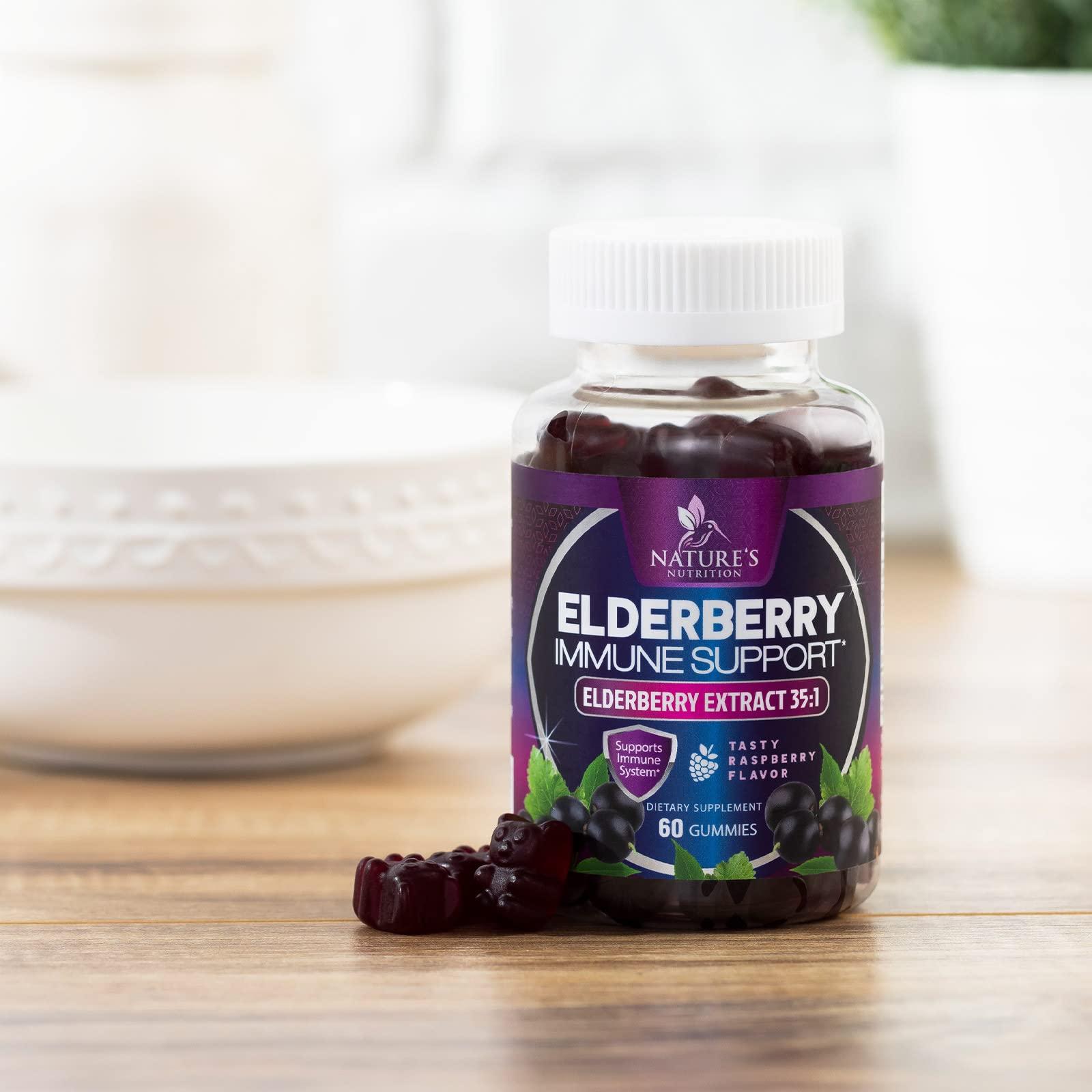 Nature's Nutrition Sambucus Elderberry Immune Gummies - Daily Immune Support for Kids & Adults - Super Concentrated 35:1 Extract, Equivalent to 4200mg of Elderberries, Black Elder Berry Vitamin Supplement - 60 Capsules
