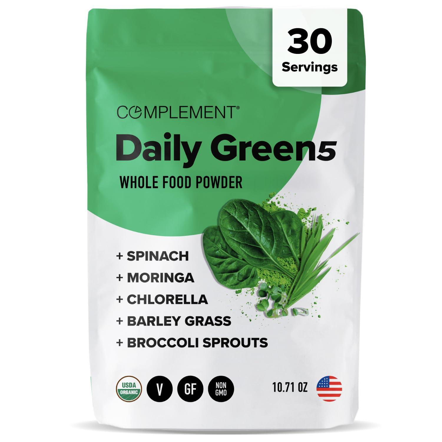 Complement Complement Daily Greens Powder, Super Greens Powder Superfood- Wholefoods, Organic Chlorella Powder, Barley Grass Juice Powder, Broccoli Sprouts- Immune Support, Brain Health, Metal Detox- 30 Servings