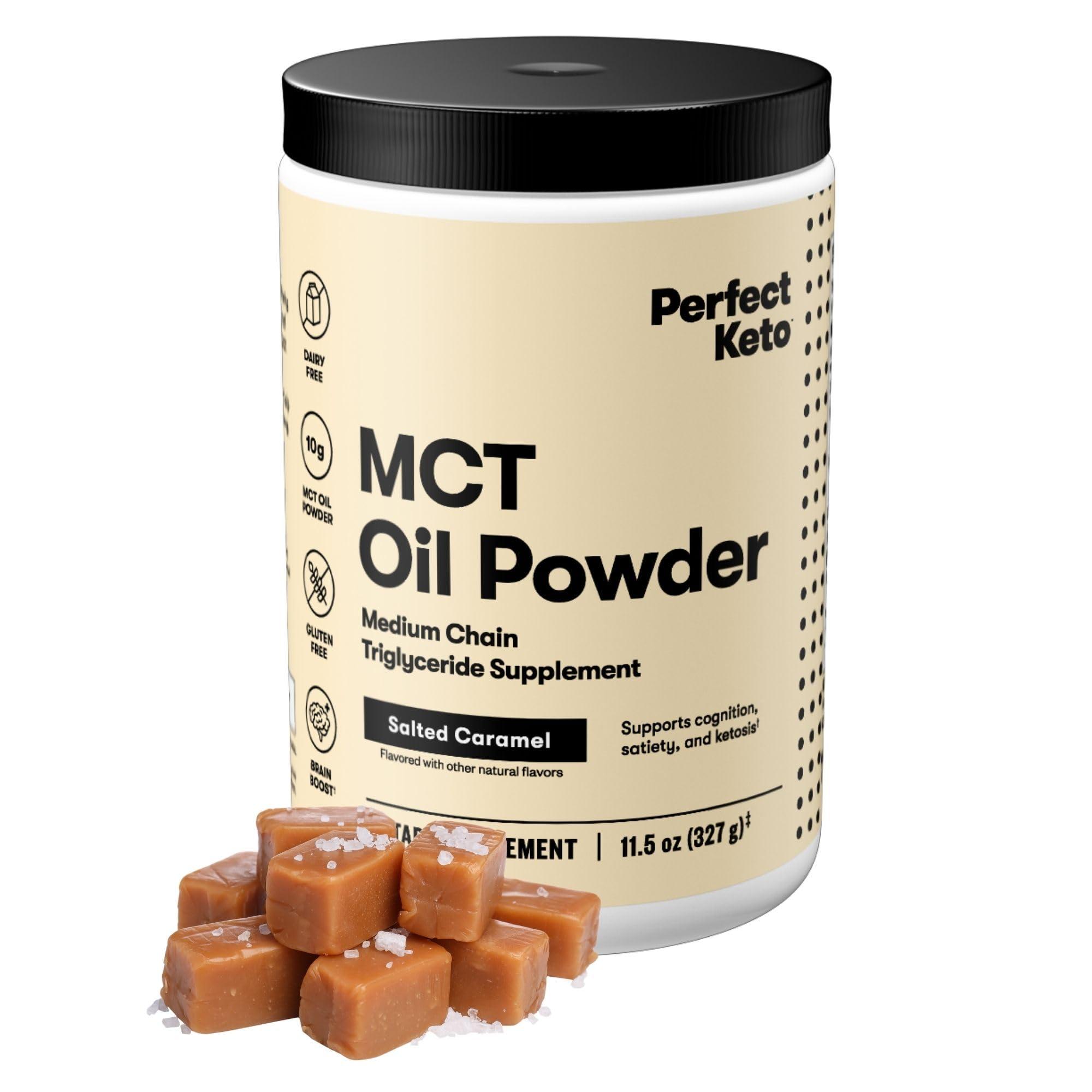 Perfect Keto Perfect Keto 7g MCT Oil Powder, Medium Chain Triglycerides Supplement, Non Dairy Coffee Creamer for Keto Diet, Ketogenic MCT Oil Mix for Coffee, Smoothie, Protein Shakes, Salted Caramel, 30 Servings