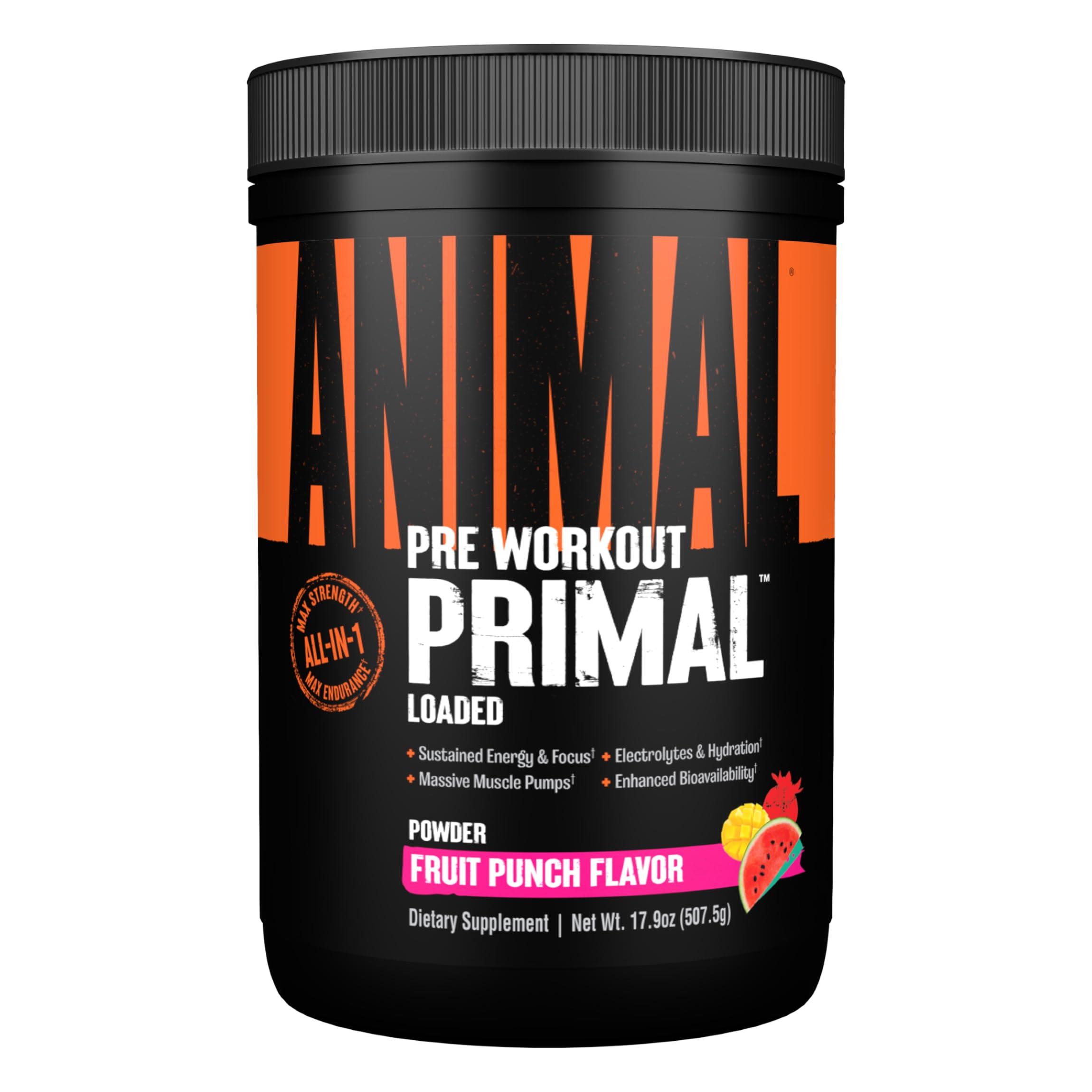 Animal Animal Primal Muscle Hydration + Preworkout Powder Contains Beta Alanine, 3DPump, Caffeine & Electrolytes Improves Energy, Focus, Endurance & Absorption Fruit Punch Flavor, 17.9 oz