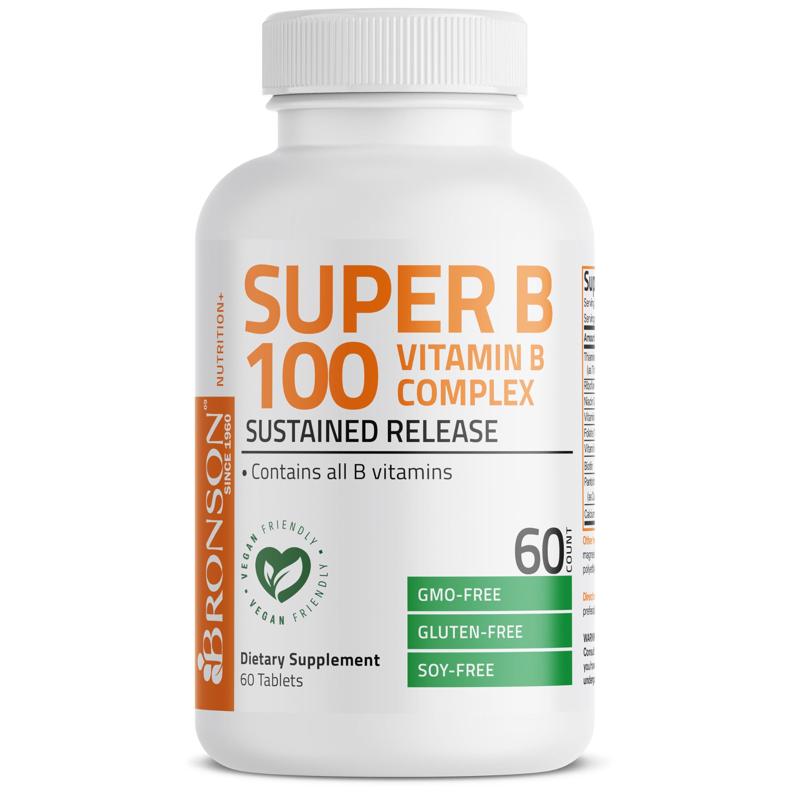 Bronson Bronson Vitamin B 100 Complex High Potency Sustained Release (Vitamin B1, B2, B3, B6, B9 - Folic Acid, B12), 60 Tablets