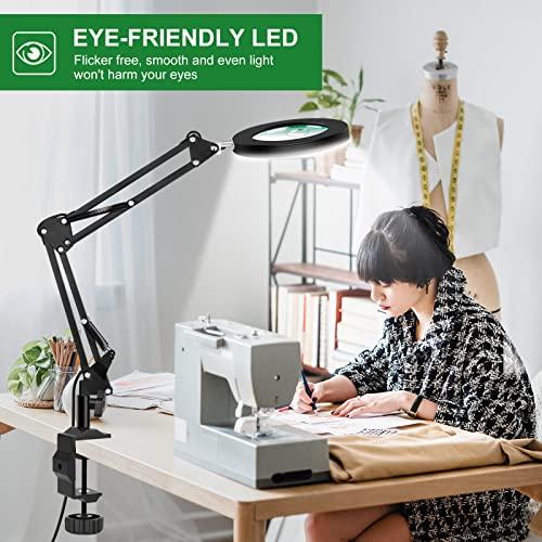 EOOKU Magnifying Glass with Light and Stand, EOOKU Flexible Magnetic Helping Hand, 5X&10X 12V 108pcs LED Beads Magnifying Lamp, 3 Modes Adjustable Swivel Gooseneck Arms & Heavy Duty Base Plate
