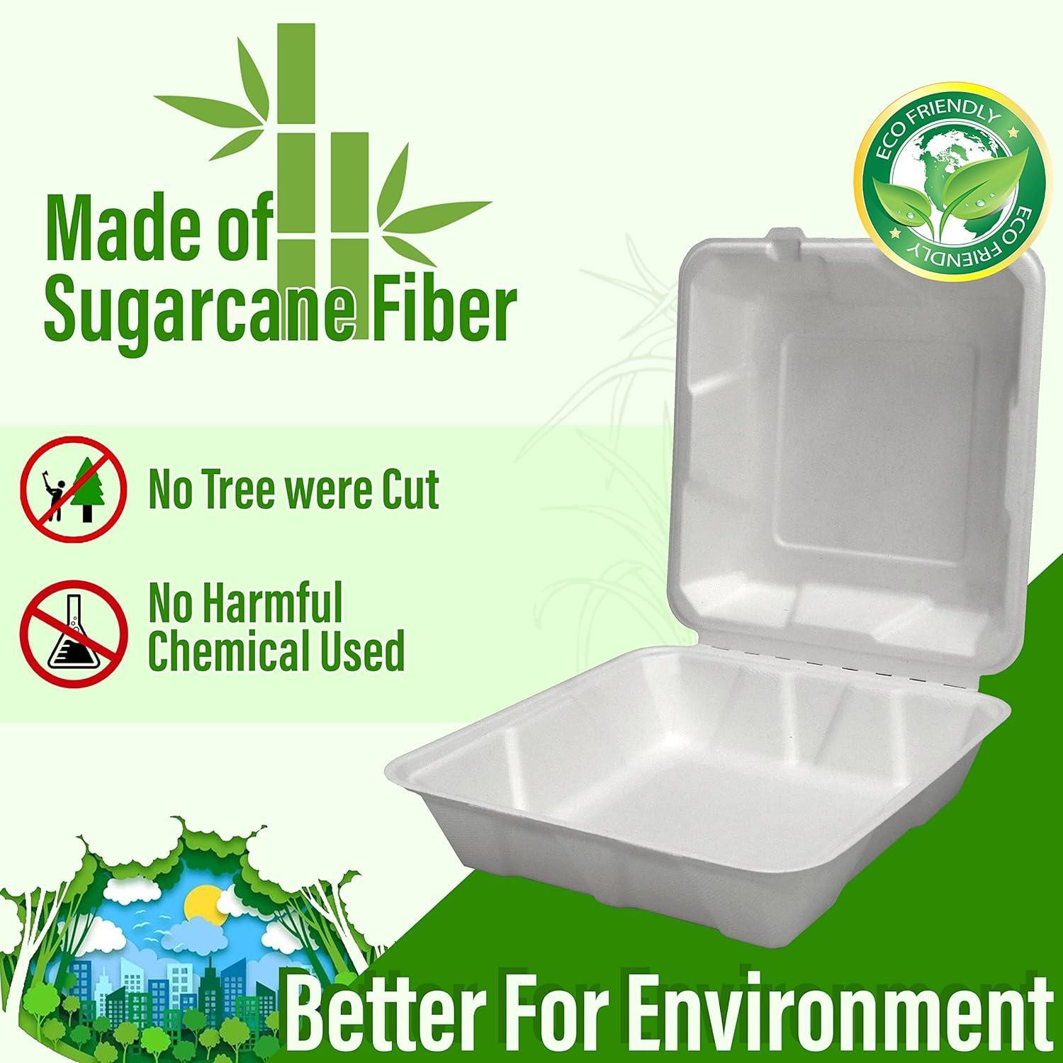 SIMOND STORE SIMOND STORE 9\"x9\" Food Container - 100 Pcs Disposable Food Containers - Biodegradable Clam Shell Food Containers - Clamshell Take Out Containers - Food Storage Container - Recyclable Food Containers