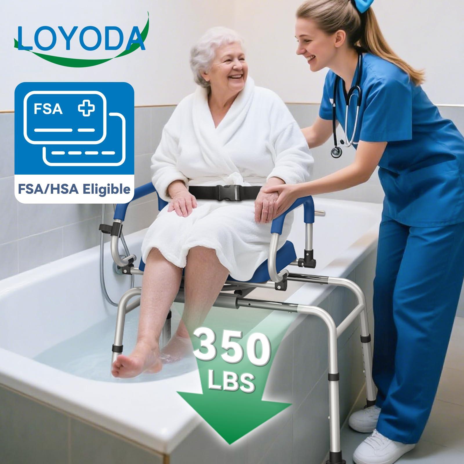 Loyoda Loyoda FSA/HSA Eligible Sliding Shower Chair Tub Transfer Bench with Swivel Seat, Padded Tub Bench with Pivoting Arms, Adjustable Height Shower Chair Inside Shower, 350lb, Blue, Larger