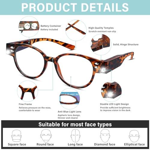 DuanMei 2 Pack Magnifying Glasses with Light Reading Glasses with Lights Bright LED Readers Lighted Reading Glasses Blue Light Blocking Glasses Magnifier Nighttime Reader for Women Men Lighted Eyeglasses+200