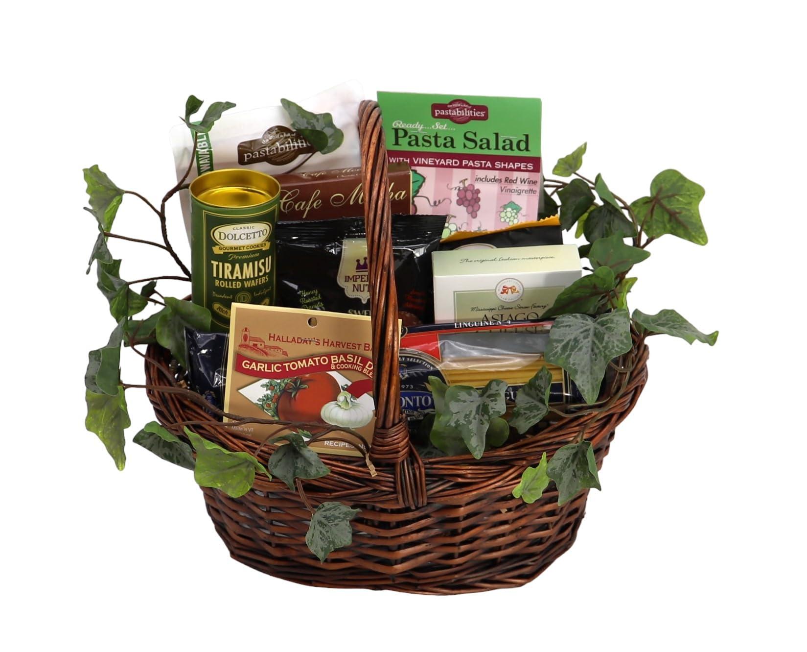 Gift Basket Village Gift Basket Village - Italian Themed Dinner for Two, Gourmet Pasta Assortment with Linquini, Dip Mix, Pasta Sauce, Pasta & Cheese Blend - Italian Food Basket, 12x8x12\", 4.44 lbs
