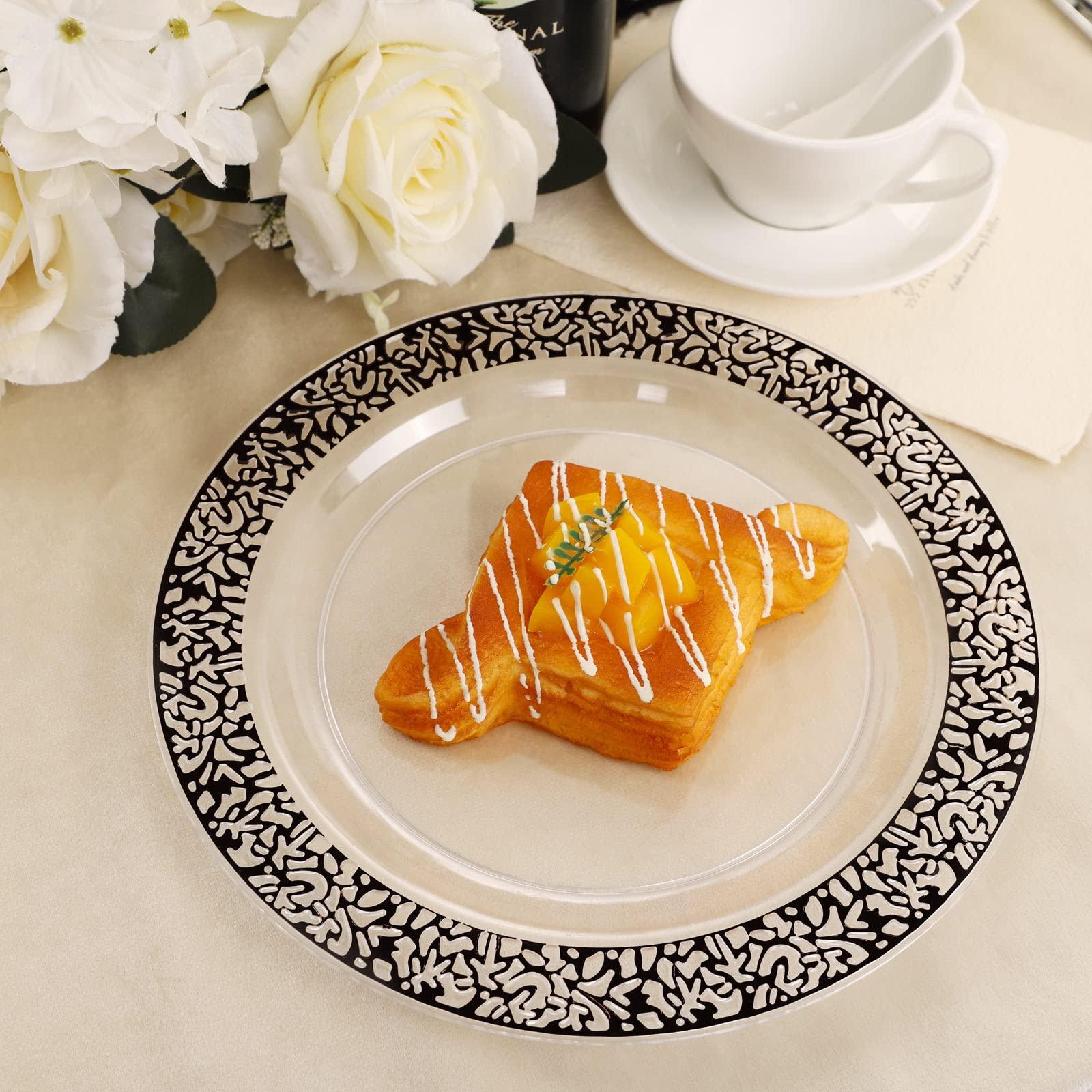 U-QE U-QE 100pcs Clear and Black Plastic Plates - Black Plates Disposable for Party - Black Disposable Plates for Premium Party Supplies Including 50 Dinner Plates 10.25 \'\' &50 Dessert Plates 7.5 \'\'