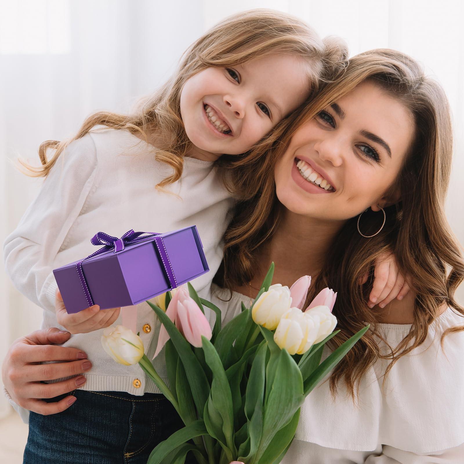 NOVELTYBOXUSA Purple Gift Boxes with Lids Pack of 1, 6x6x3 Inches Small Gift Box with Ribbon, Collapsible Gift Boxes with Magnetic Closure for Presents, Bridesmaid Proposal Box for Family Mom Girlfriend